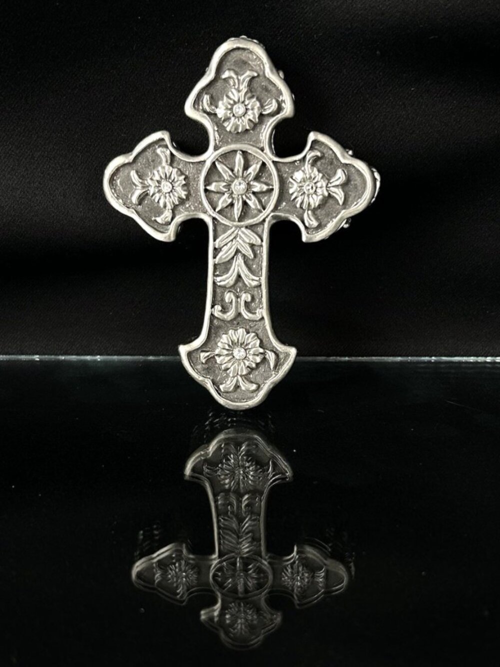Vintage Ganz Pewter Cross Prayer Box for Trinkets With Crystals & Black Enamel